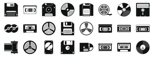 Retro media storage icons set. Black silhouette icons representing obsolete data storage technologies, evoking nostalgia for vintage media formats