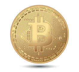 Cryptocurrency gold coin with a bitcoin symbol on the face. Vector illustration. 