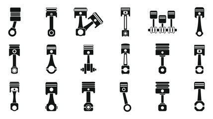 Car engine piston icons set. Collection of various engine pistons, highlighting diverse connecting rod and crankshaft configurations