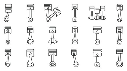 Car engine piston icons set. Various piston icons showcasing different designs and configurations, symbolizing engine performance and automotive mechanics