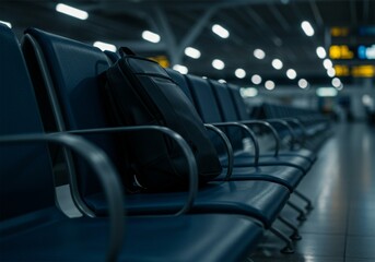 cinematic photo of a bag, backpack or duffel on an airport chair