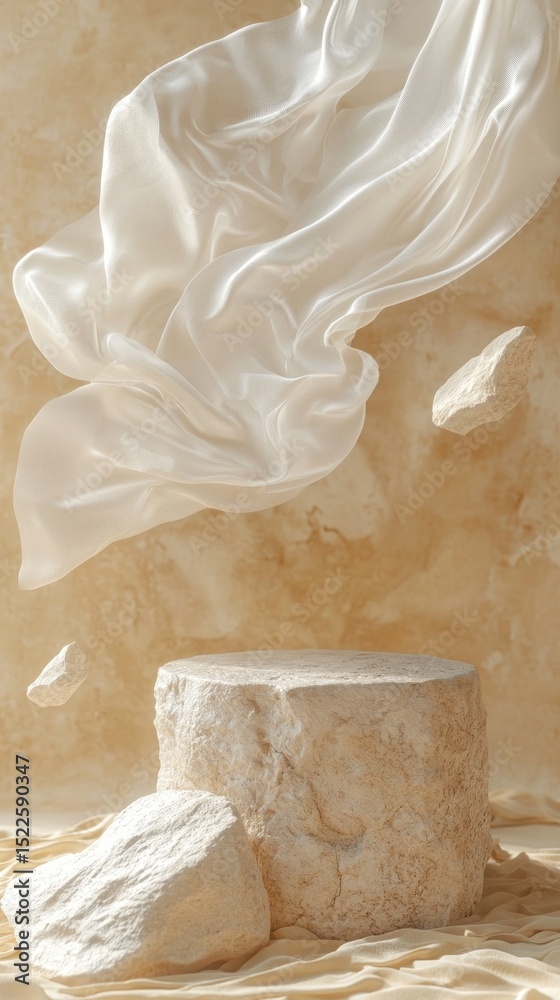 Aufkleber satin fabric gracefully floating above a stone podium with elements of nature in a tranquil setting