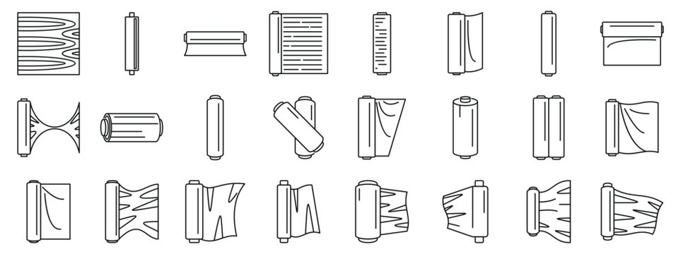 Cellophane stretch film icons set. Different types of roll materials are depicted, showcasing diverse textures, patterns, and potential applications