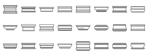 Baseboard molding icons set. Column bases representing different architectural styles for building construction are illustrated on white background