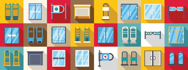 Shop entrance gate icons set. Collection of diverse public transport symbols and structures in colorful squares