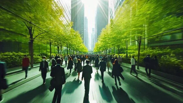 A mesmerizing time-lapse view of urban professionals bustling through a vibrant city center, surrounded by lush greenery and modern architecture, capturing the essence of a thriving metropolis