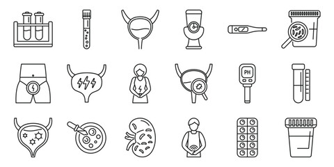 Urinary tract infection icons set. Urology and nephrology icons represent various aspects of urinary system health, from diagnosis to treatment