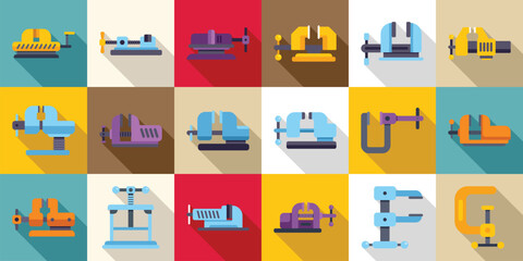Obraz premium Machine vice icons set. Sixteen colorful bench vises in various designs, ideal for workshops, diy projects, and metalworking