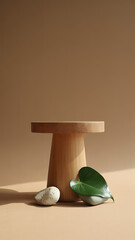 Simple Wooden Podium on Beige Background with Natural Elements