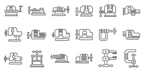 Machine vice icons set. Set of line art icons depicting various industrial machines