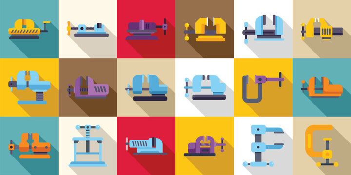 Machine vice icons set. Sixteen colorful bench vises in various designs, ideal for workshops, diy projects, and metalworking