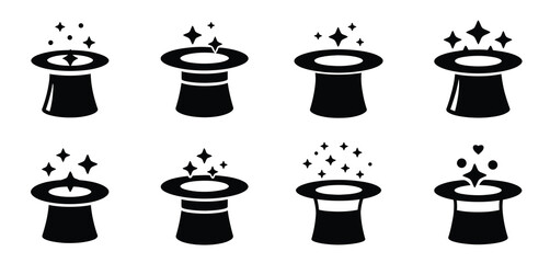 Eight magic hat icons with sparkling effects