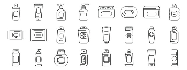 Baby cosmetics icons set. Line drawing of various cosmetic containers, showcasing packaging for lotions, creams, soaps, and other beauty products