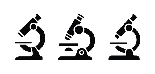 Three simple black microscope icons set
