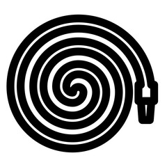 Black and white image of a hose with a nozzle on the end. The hose is spiraling