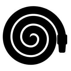 Black and white image of a hose with a nozzle on the end. The hose is spiraling