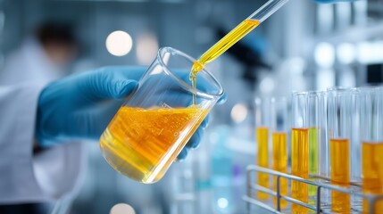 Scientist conducting an experiment with yellow liquid in a laboratory setting during daytime hours