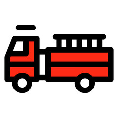 Black and white drawing of a fire truck. The truck is parked and has a ladder on the back