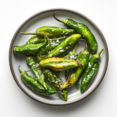 Blistered Shishito Peppers with Sea Salt on Ceramic Plate