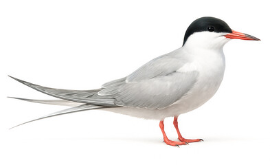 Common tern standing on white background, showing its elegant gray plumage