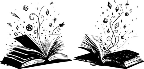 Magical Open Book with Glowing Spells and Gems - Fantasy Storytelling © Rezowan 