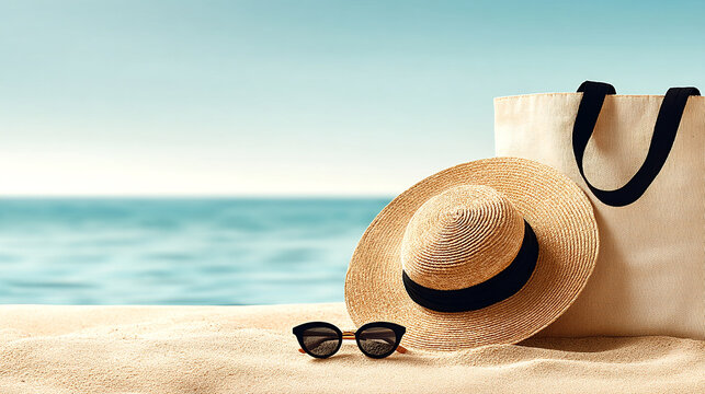 Summer beach scene featuring a straw hat, stylish sunglasses, and a tote bag resting on golden sand with a serene ocean backdrop, evoking relaxation and leisure vibes