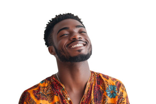 Portrait of a man in summer dress looking at screen with a joyful expression, isolated against on PNG transparent and white background. Perfect for lifestyle, technology, social media, digital content