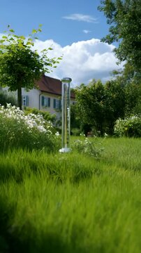 Rain gauge measures precipitation in green garden with rural house and flowers during summertime