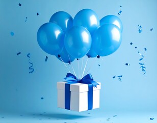Blue balloons lift a gift box