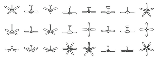 Ceiling fan icons set. Various ceiling fans are depicted, highlighting their diverse designs and blade configurations, emphasizing their role in circulating air and providing cooling comfort
