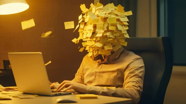Stressed office worker covered with sticky notes working on a laptop at night, symbolizing busy schedule, overwhelming workload, and information overload