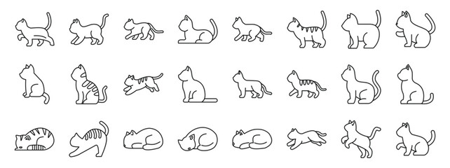 Behavior cat icons set. Minimalist cat illustrations depicting various feline activities, from walking and running to sitting, sleeping, and playing