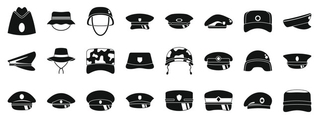 Military caps icons set. Various hat styles in silhouette showcasing military and casual designs