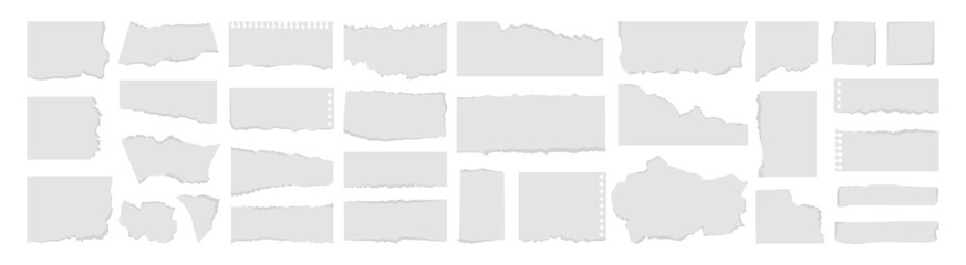 Torn paper edges on transparent background. Torn sheets of paper. Torn paper strips set. Sticky notes, shreds of notebook pages. Vector illustration