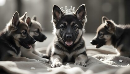 Fototapeta premium A German Shepherd puppy wearing a tiny crown, surrounded by other dogs.