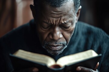 Faith African American. African American Man Engaged in Prayer and Bible Reading