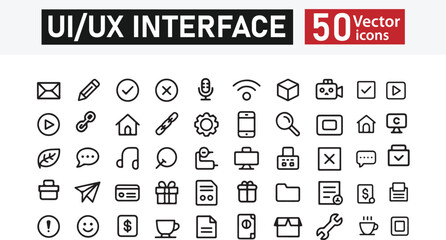 Set of 50 Minimalist Line Icons for Web, UI/UX, and App Interfaces – Includes Essentials Like Home, Mail, Media, Settings, Files, and Notifications – Vector Illustration