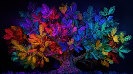 Colorful Tree of Life, rendered in digital art style on a dark background, ultra-detailed digital painting with airbrush technology. With high-resolution illustrations and cover artwork.