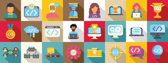 Hackathon icons set. Diverse set of icons illustrating software development, from coding and testing to teamwork and project management