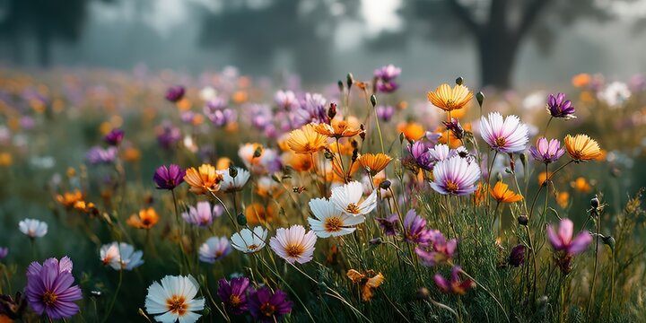 Vibrant wildflower field showcasing a variety of colorful blooms under soft morning light