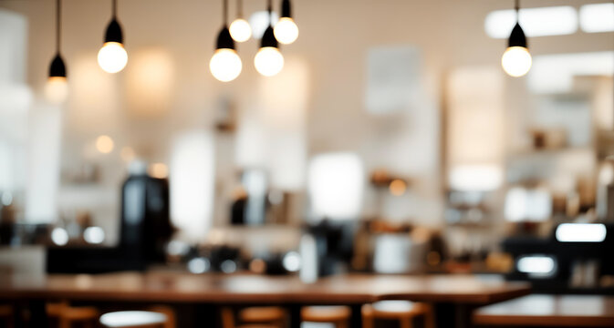 Blurred cafe interior with wooden counter stools and hanging light bulbs with a cozy ambiance, modern furnishings, and soft warm lighting in a relaxed urban setting.