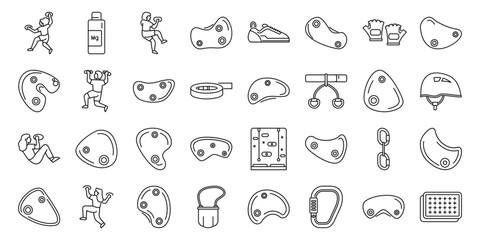 Bouldering gym icons set. Essential gear and dynamic movements in climbing, from holds and shoes to climbers mid action