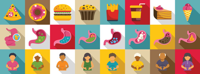 Bloating icons set. Diverse individuals experiencing stomach problems after consuming various junk food items, highlighting the negative impact of unhealthy eating habits on digestive health