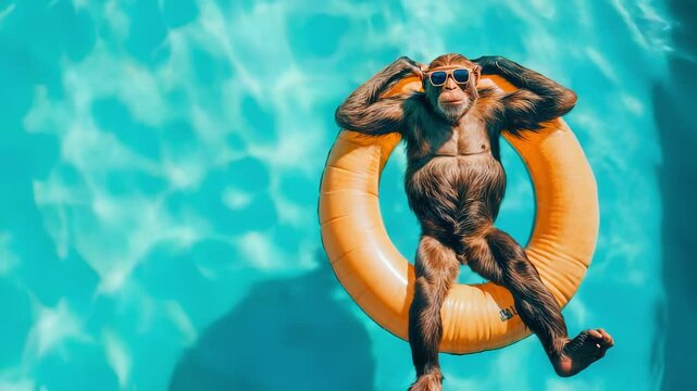 A relaxed monkey floats on an orange inner tube in a clear blue swimming pool. The water sparkles under the sunlight, creating a vibrant summer scene.