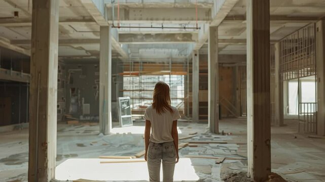 Empty warehouse with person looking out from doorway