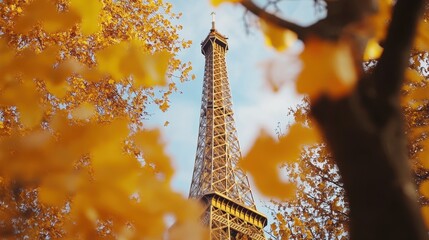 Fall Paris. Eiffel Tower in Autumn Park with Vibrant Foliage in Paris, France