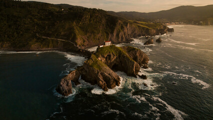 Stunning aerial view of the hermitage of San Juan de Gaztelugatxe, located on the Basque coast,...