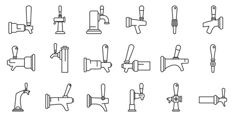Beer taps icons set. Beer tap handles, dispensing refreshment, one pint at a time, a collection of various beer tap handles
