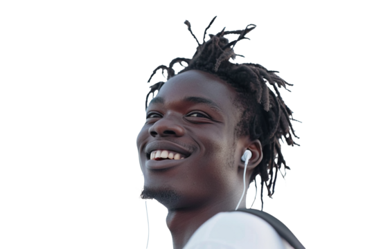 Portrait of a man smiling while texting with earbuds in ears, isolated against on PNG transparent and white background. Ideal for technology, communication, lifestyle, social media, and digital conten