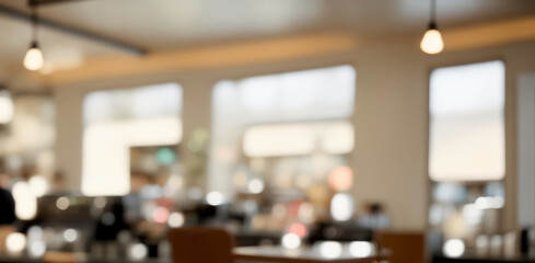Fototapeta premium Blurred interior view of a restaurant or cafe with tables and chairs with a cozy ambiance, modern furnishings, and soft warm lighting in a relaxed urban setting.